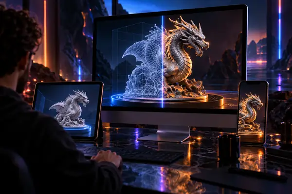 Eine strahlende 3D-Modelloberfläche, die sich in den Silhouetten von Desktop-, Tablet- und Mobilgeräten in einer dunklen Neonumgebung widerspiegelt.