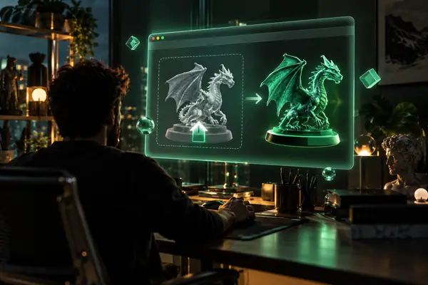 Ein leuchtendes Browserfenster mit einer 3D-Upload-Oberfläche und schwebenden smaragdgrünen Steuerelementen über einem dunklen Arbeitsbereich.