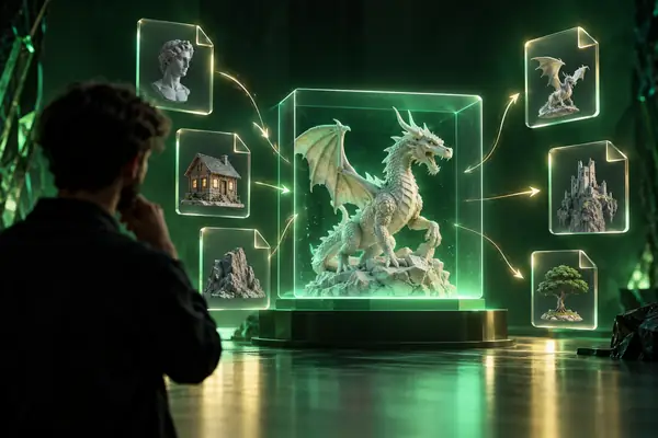Eine leuchtende Sammlung von 3D-Dateisymbolen, die eine glühende Oberfläche zur Modellvorschau in einem dunklen smaragdgrünen Studio umgibt.