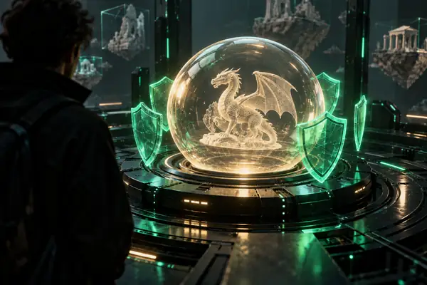 Eine leuchtende Glaskugel, geschützt durch smaragdgrüne Schildsymbole auf einer dunklen technologischen Plattform, die eine sorgfältige Dateiverarbeitung vermittelt.