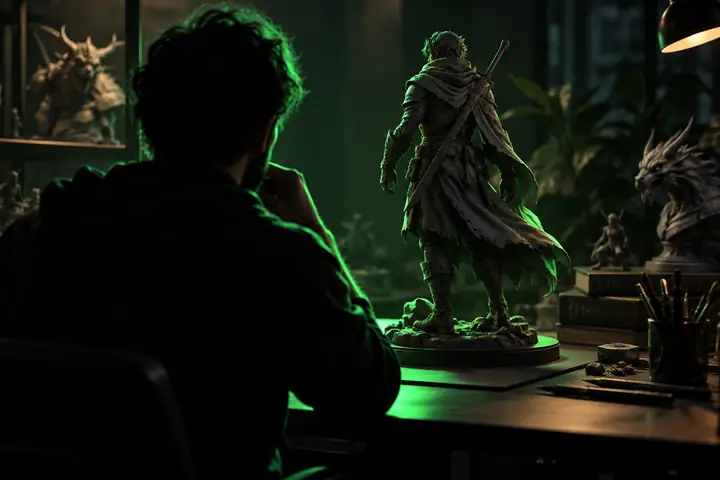 Die stilisierte Silhouette einer 3D-Figur, die von grünem Kantenlicht in einem dunklen Arbeitsbereich beleuchtet wird, als kompakte Vorschau dargestellt.