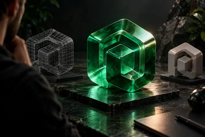 Ein hochwertiges grünes 3D-Produktmodell auf einer dunklen Studiooberfläche, als kompakte Vorschau dargestellt.